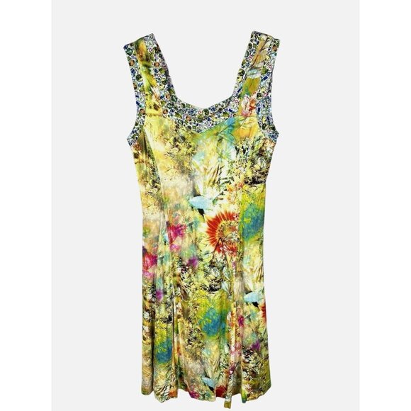 Eva & Claudi Dresses & Skirts - EVA & CLAUDI Women's Yellow Floral Sleeveless Jersey Dress Medium